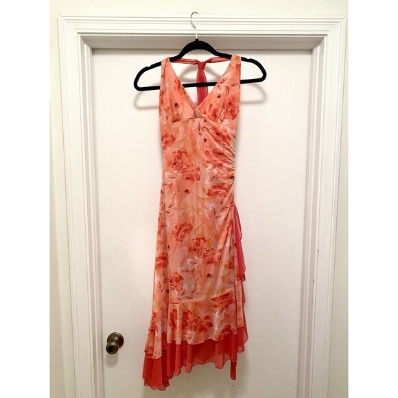 Vtg 90s Y2K Floral MIDI Dress Women’s Size Small Halter Top Orange Tulle Ruffles - Picture 1 of 8